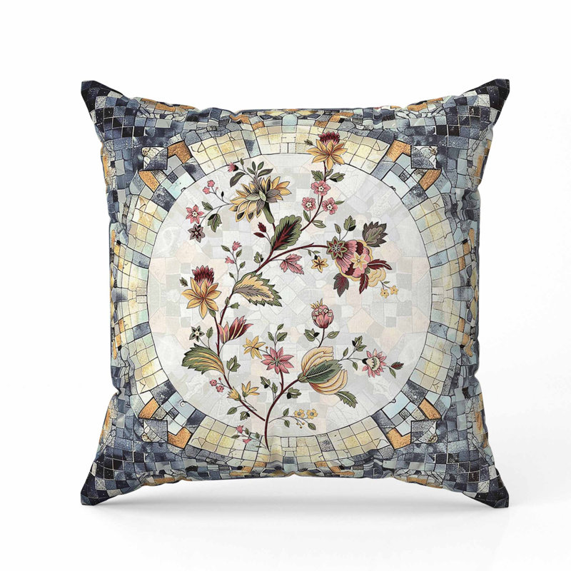 Oreiller en faux suède Botanical Mosaic, Carré 20 po, Vert / jaune / rose / gris