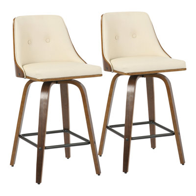 Tabouret de comptoir 26 po Mid-Century moderne en noyer avec similicuir crème par - ensemble de 2