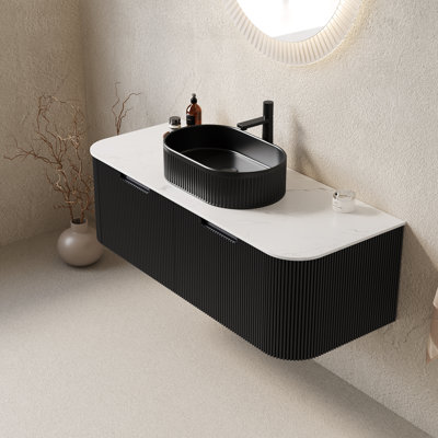 Dina 48" Bathroom Vanity&Sink, Floating Curved Edges Striped Plywood Storage Cabinet With 2 Drawers, Black Striped Oval Ceramic Basin&Carrara White Sintered Stone Top, Pre-Assembled, Black Color