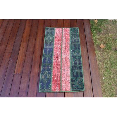 Small Overdyed Patchwork Mat Vintage Turkish Rug in Green and Red Decor Wool Oushak Carpet for Boho Style Home Entry Floor