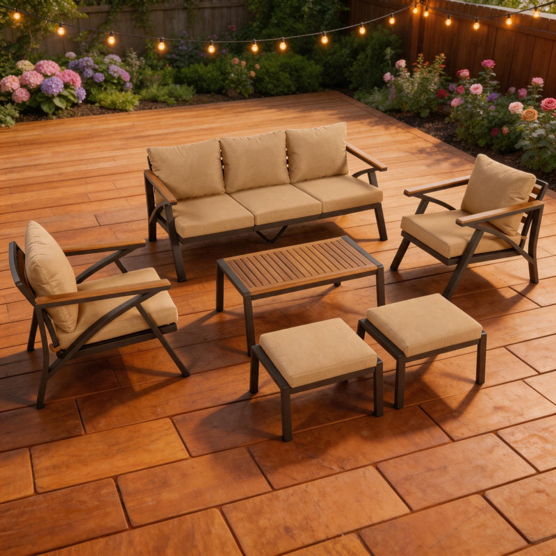Ensemble de meubles de patio 6 pièces avec canapé, fauteuils et repose-pieds, Brun