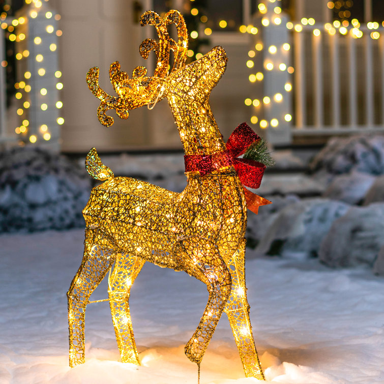 Joiedomi 3ft Fabric Gold Reindeer Buck Head Up 60 LED Warm White Yard Lights for Christmas Outdoor Yard Garden Decorations, Christmas Event