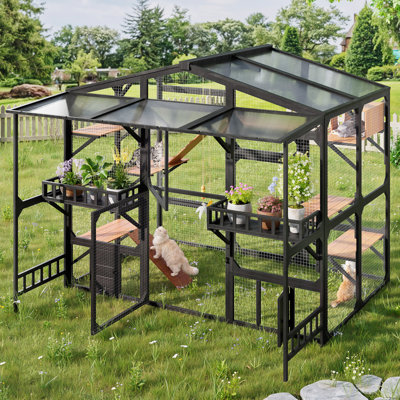 Large Outdoor Catio For 6-10 Cats, Metal Cat Cage Outdoor With Weatherproof Roof, 6 Platforms, Climbing Ramp, 1 Resting Box And Cat Scratching Post, Outdoor Cat House With Storage Shelves