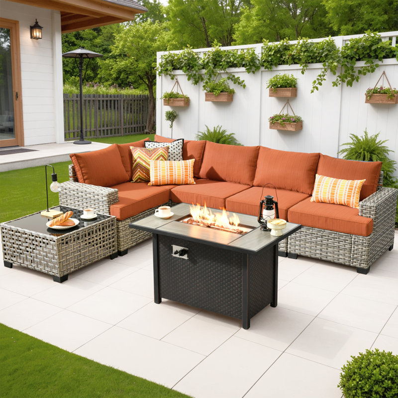 Ensemble de conversation d'extérieur en rotin pour 4 personnes avec coussins et table de foyer, Orange-rouge