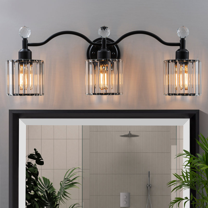 3-light Crystal Glass Vanity Light, Matte Black