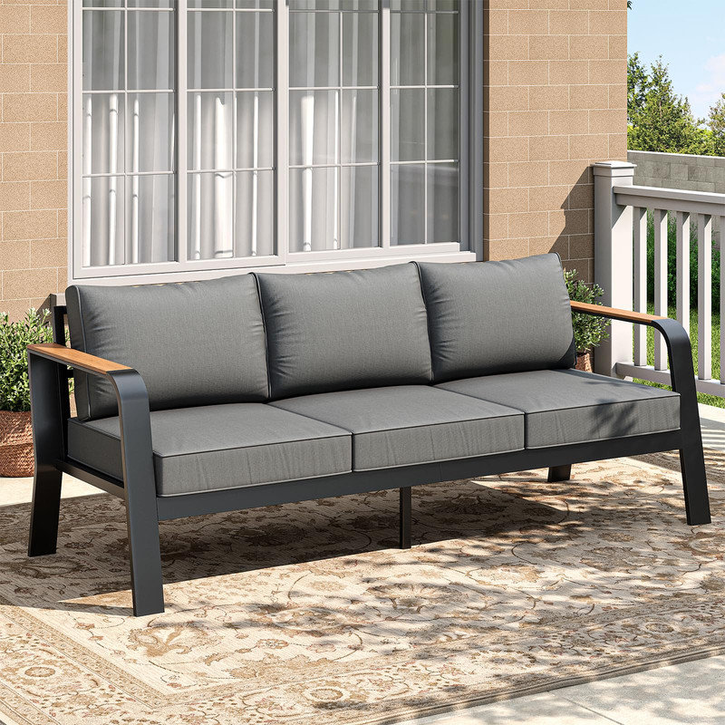 Ensemble de conversation 4 pièces avec table basse, gris - aluminium toutes saisons, coussins lavables pour patio / piscine / terrasse