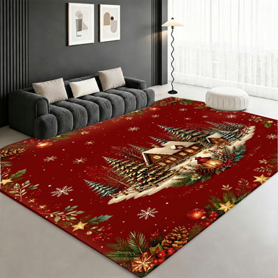 Tapis de Noël de style chalet d'hiver, motif festif Red Wonderland, tapis antidérapant lavable à la machine, décoration intérieure confortable pour le salon, la chambre à coucher et le vestibule