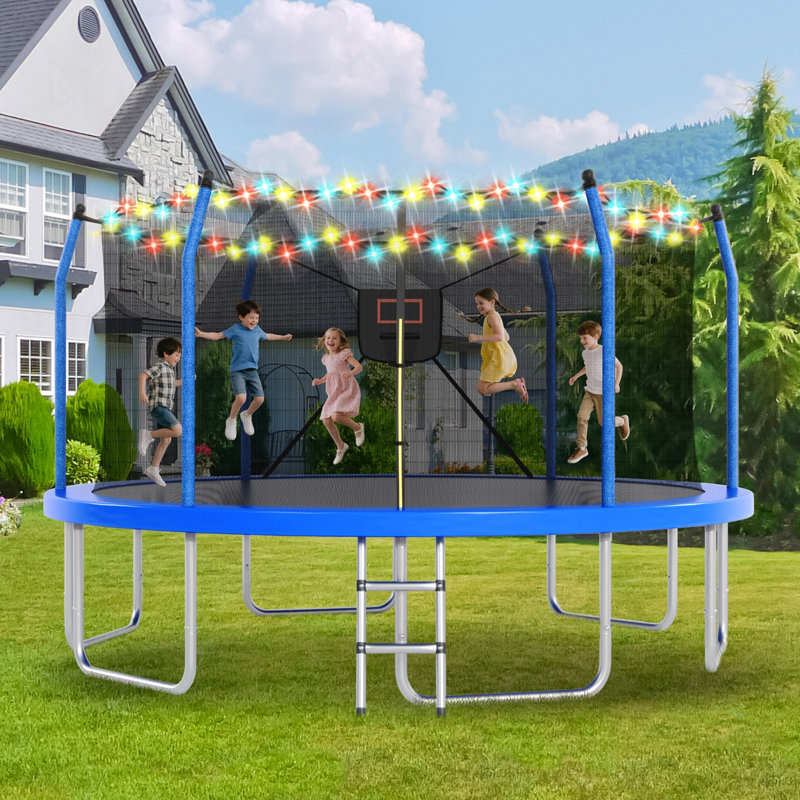 Trampoline avec lumières et panier de basketball, Bleu