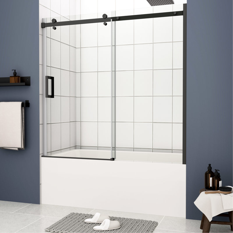 Porte de baignoire coulissante, verre trempé de 5/16 po, noir mat, douche en verre résistant aux fuites, durabilité à long terme mate