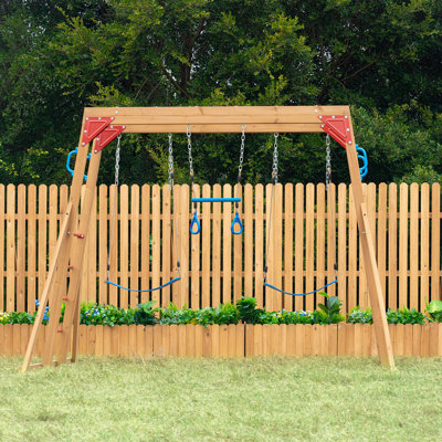 Dolphin Playground Cedar Wood Swing Set with Monkey Bars, Trapeze Bar & 2 Belt Swings – Heavy-Duty Outdoor Backyard Playset,  Kids Ages 3-10