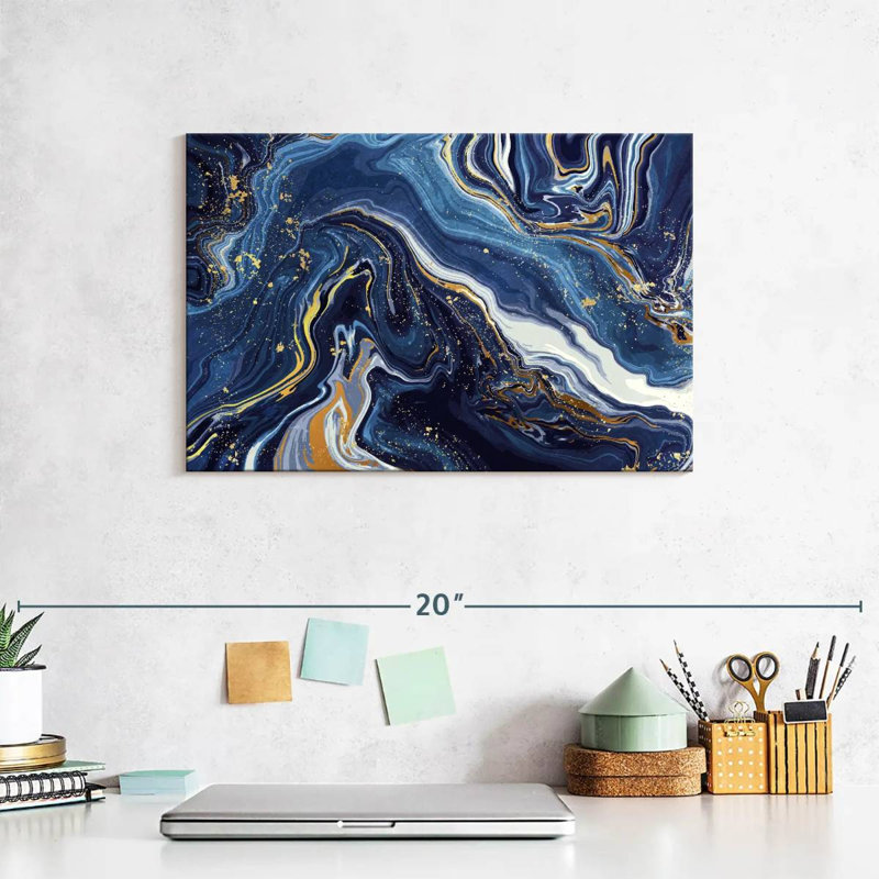 Suminagashi doré et bleu marine - reproduction sur toile tendue, H 8 po x l 12 po x P 1 po