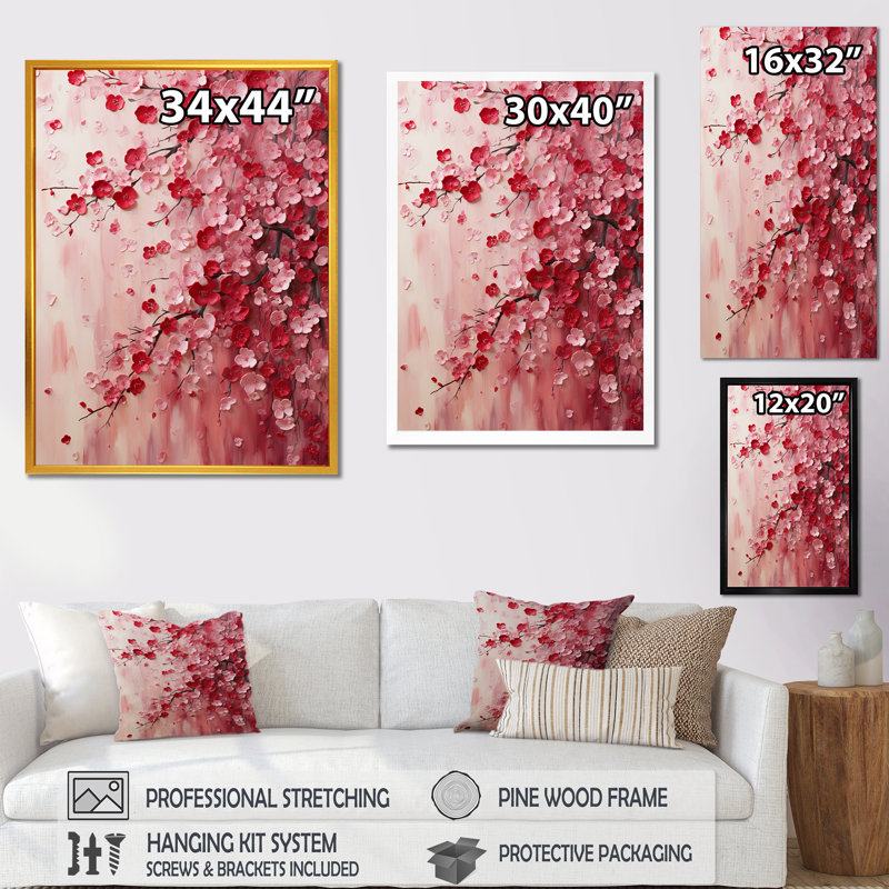 Cerisier rose en fleur 4 - Art mural cerise, H 20 po x l 12 po x P 1 po, Cadre flottant blanc