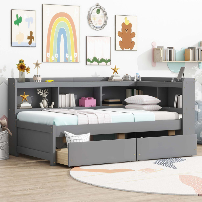 Lit en forme de L avec bibliothèques avec prises de courant, ports de chargement USB, deux tiroirs, Simple, Gris