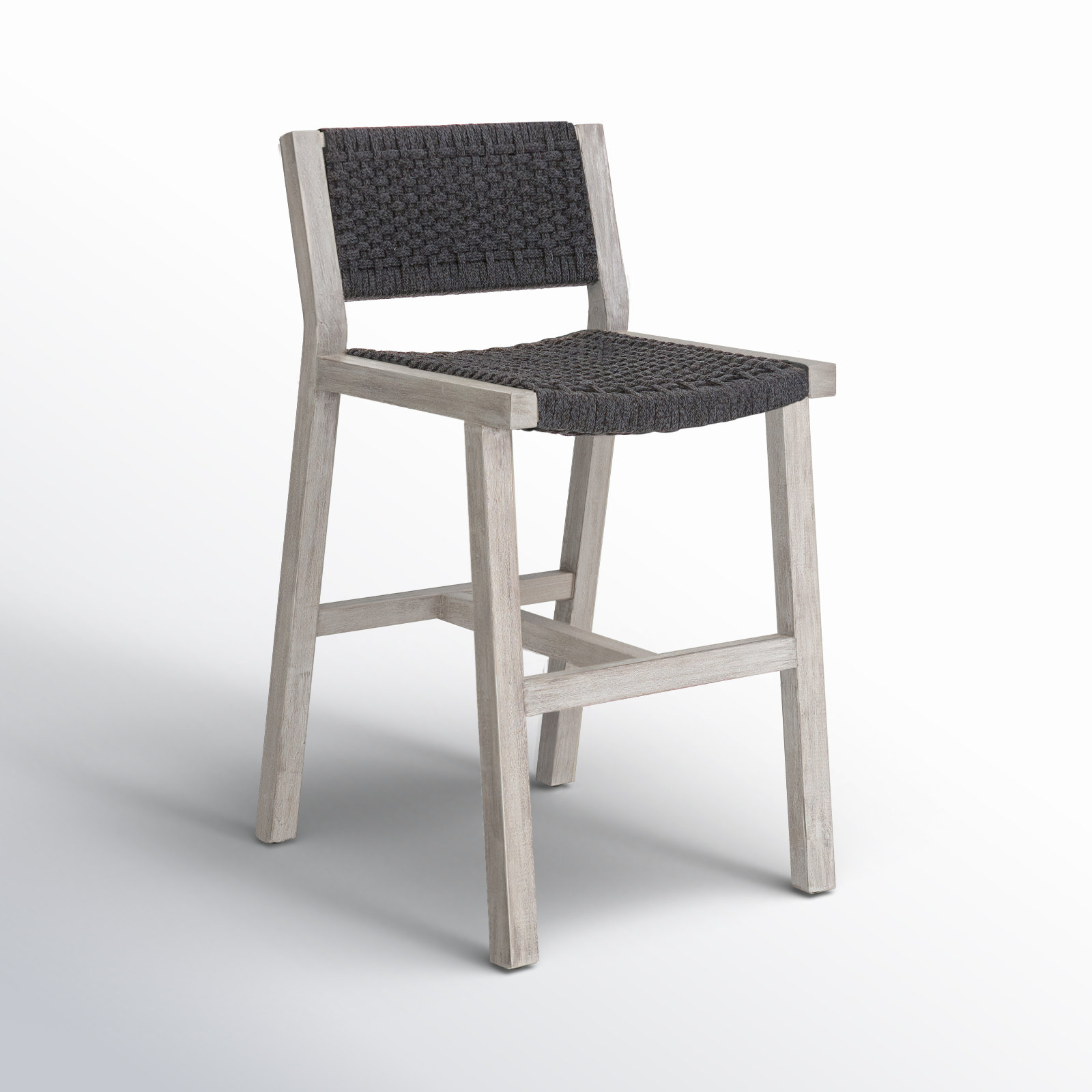 Shea Teak Outdoor Bar Stool, Bar Stool (29" Seat Height), Thick Gray Rope, Weathered Gray