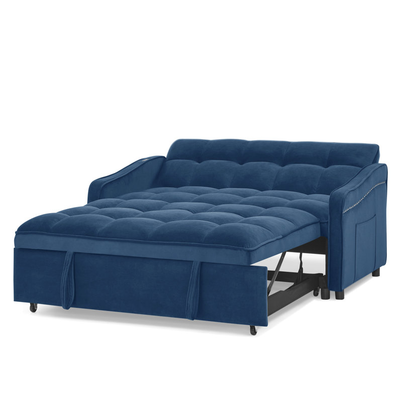 Lit escamotable avec dossier réglable, ports, revêtement en velours bleu pour une vie compacte et confortable, canapé-lit 47 po x 53 po x 31 po, 69 po x 45 po x 16,5 po