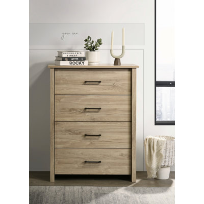 Commode en bois avec 4 tiroirs et poignées en métal, coffre de rangement pour espace de vie