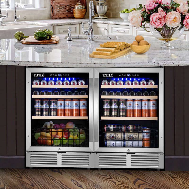 48" Beverage Refrigerator 360 Can Dual Zone Built-in Split Beer Cooler with Four Handles