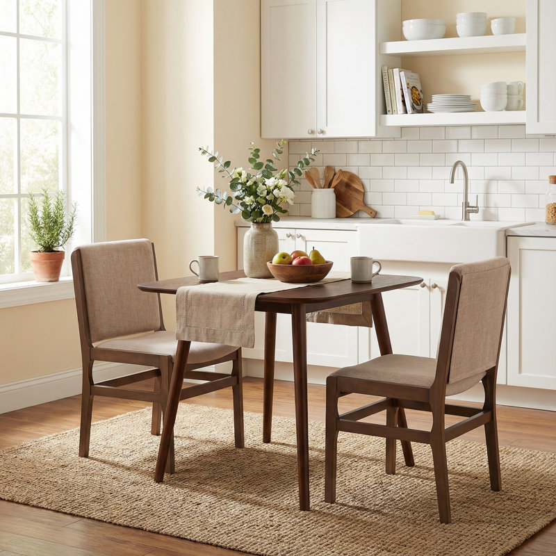 Ensemble de table de salle à manger 3 pièces avec chaises rembourrées et pieds en bois d'hévéa Alagie, Noyer, Beige/Walnut