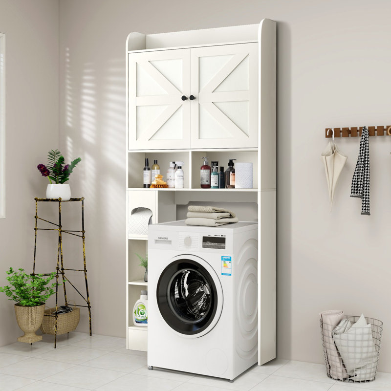 Freestanding Over The Toilet Storage,6-Tier Bathroom Storage Cabinet With Adjustable Shelves,Barn Doors, White