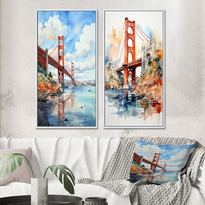 «Blue Bridge Architectural Marvel», 2 pièces sur toile, Cadre blanc, H 40 po x l 40 po