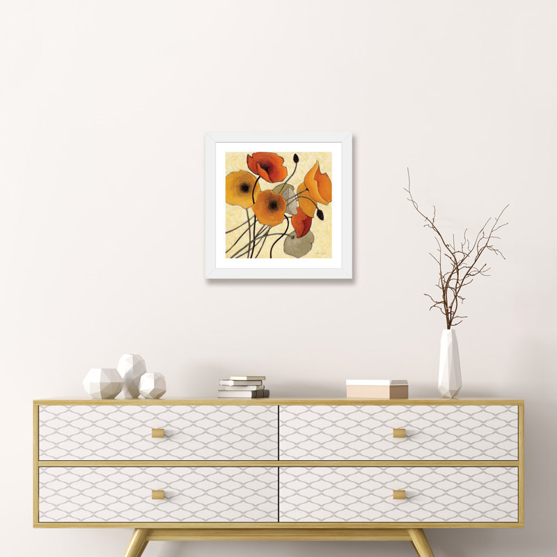 «Pumpkin Poppies II» par Shirley Novak - reproduction d'art, H 16 po x l 16 po x p 1 po, Encadré par un papier blanc