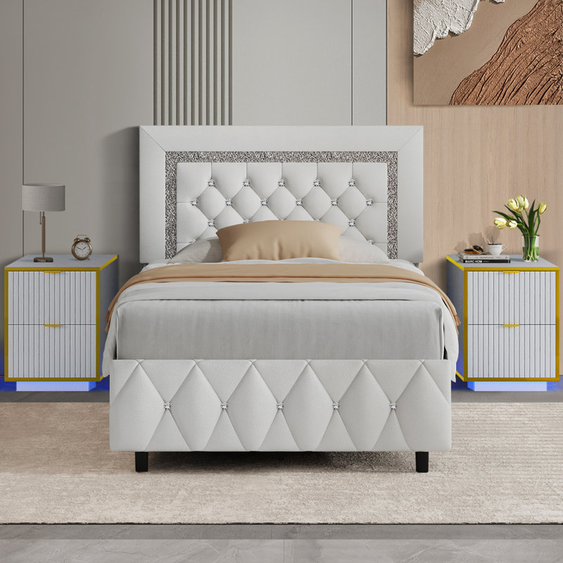 3 PC Faux Leather Diamond Tufted Platform Bed Set ,Bed Frame With Set Of 2 Modern Led End Table., Twin, White