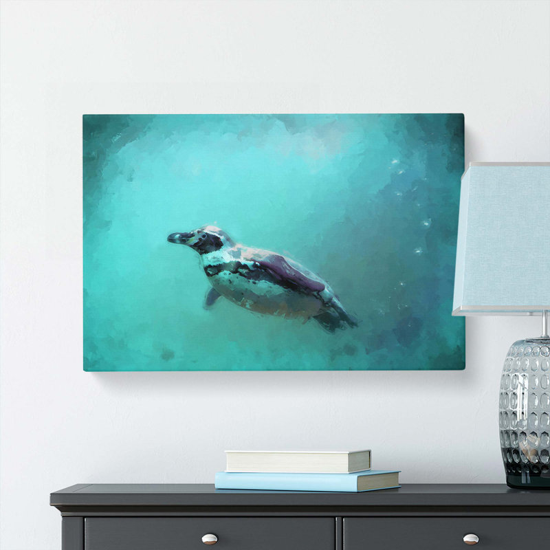 Solo Swimming Penguin In Abstract - Wrapped Canvas, 35cm H x 50cm W x 3cm D