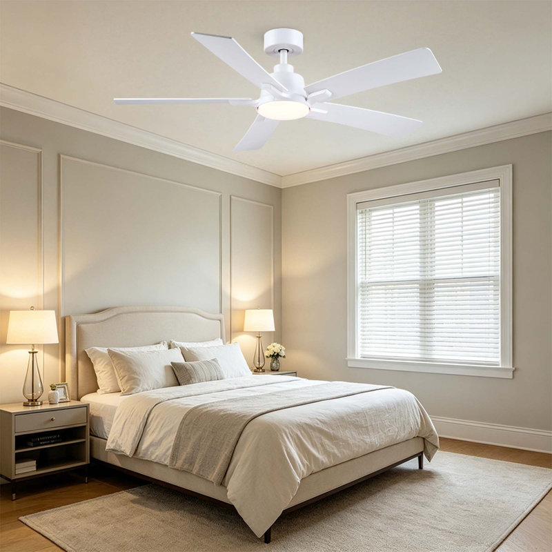 Modern 52" Indoor Matte White Downrod Mount Ceiling Fan with Integrated LED, Remote and  5 Two-Tone Blades, 52", White