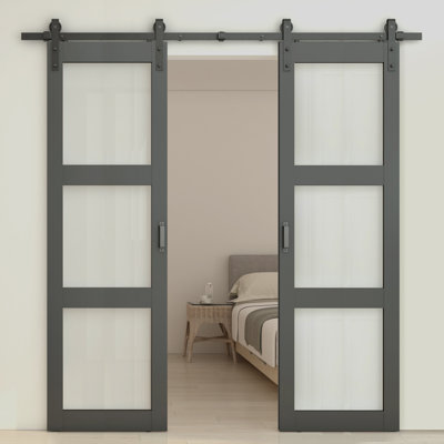 Porte de grange coulissante double 48 po x 84 po avec verre givré et ensemble de quincaillerie | Idée de cadeau