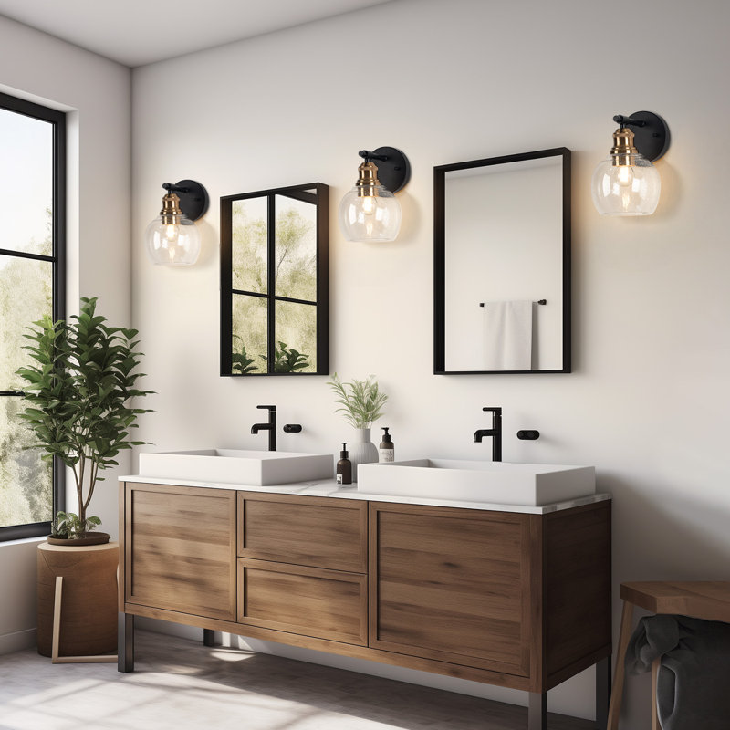 Minimalist Industrial 5.7 In. 1-light Black And Copper Wall Sconce With Glass Shade For Mirror, No Bulbs Included