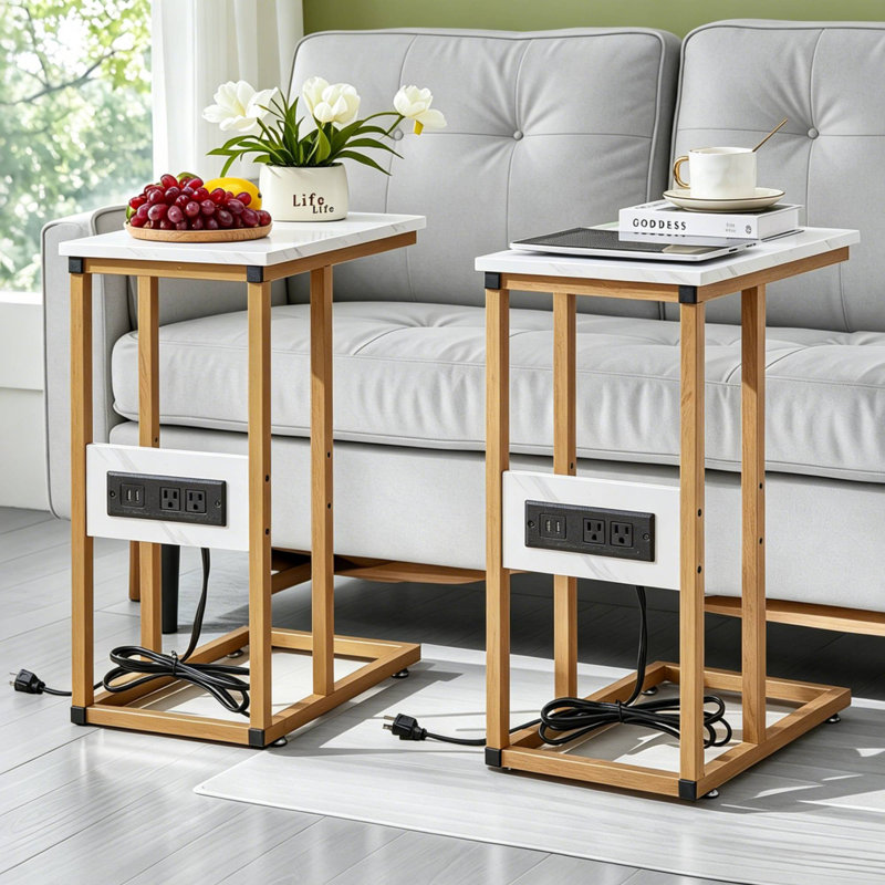 C End Table With USB And Built-In Outlets Sofa Table with Charging Station for Living Room, White Top/Gold Base