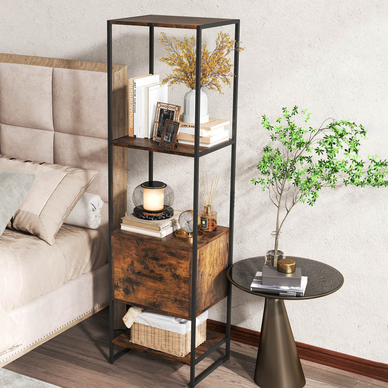 4-Tier Bookshelf with 4 Open Shelves Storage Drawer Modern Book Storage Organizer, Brown