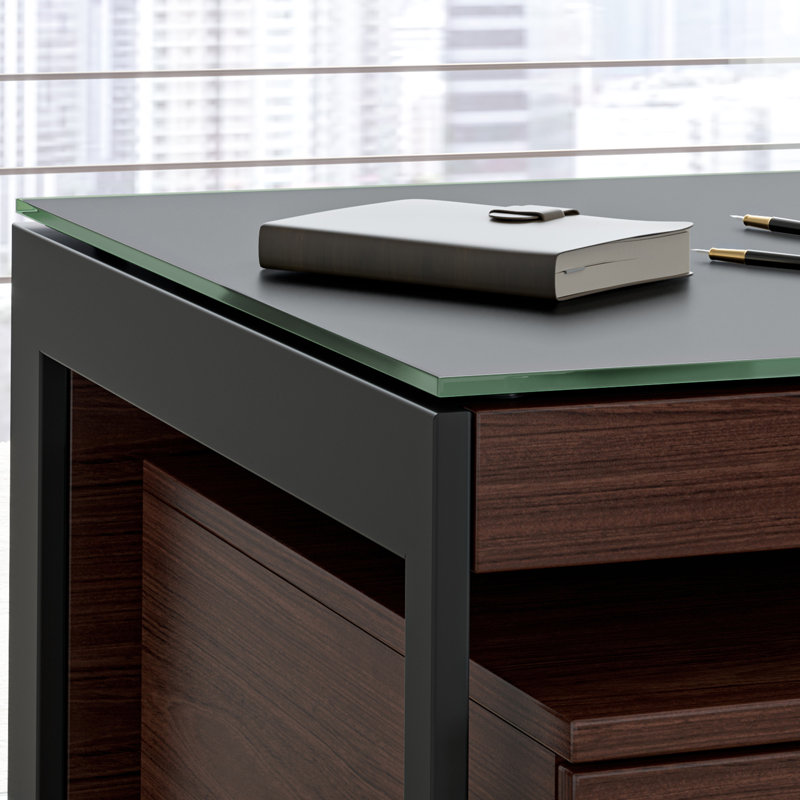 Bureau en verre Sequel 20, Bois de frêne teint gris anthracite / noir, 24,75 po H x 66 po L x 24 po P