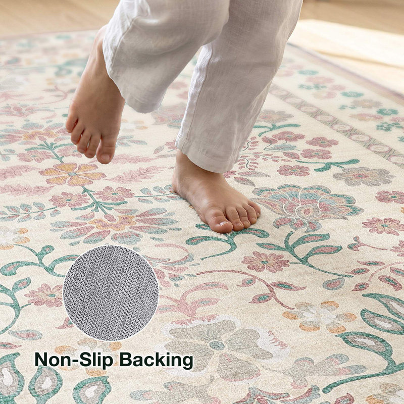 Washable Floral Boho Area Rug Modern with Non-Slip Backing for Living Room Bedroom-Pink, Rectangle 5' x 7', Pink