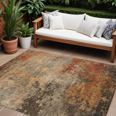 Tapis extérieur lavable abstrait brun kaki et cuivre 8 pi x 10 pi