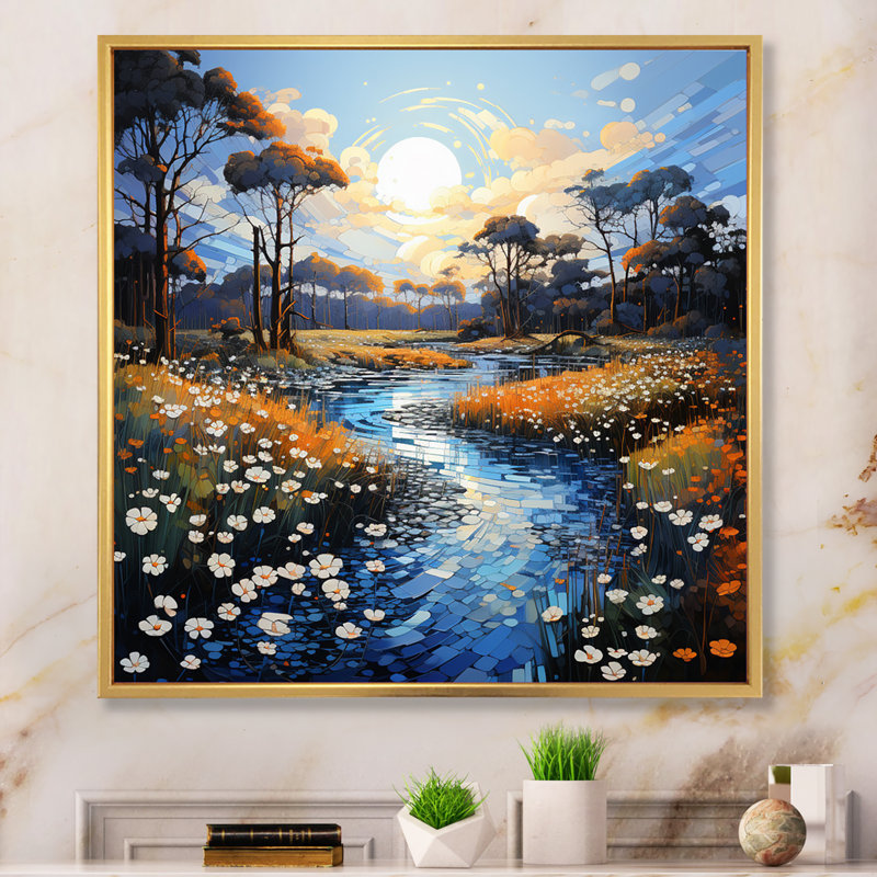 Pointillism River Charm - Pointillism Wall Art Prints, H 16 po x l 16 po x P 1 po, Cadre flottant doré