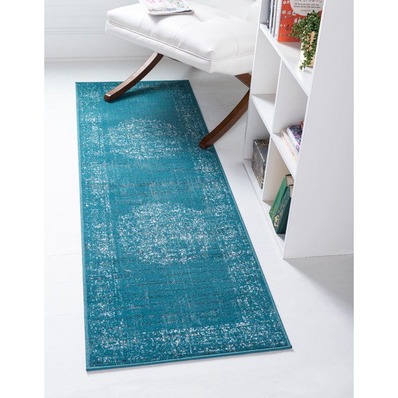 Tapis bleu sarcelle Dota, Tapis de couloir 2 pi x 6 pi 1 po
