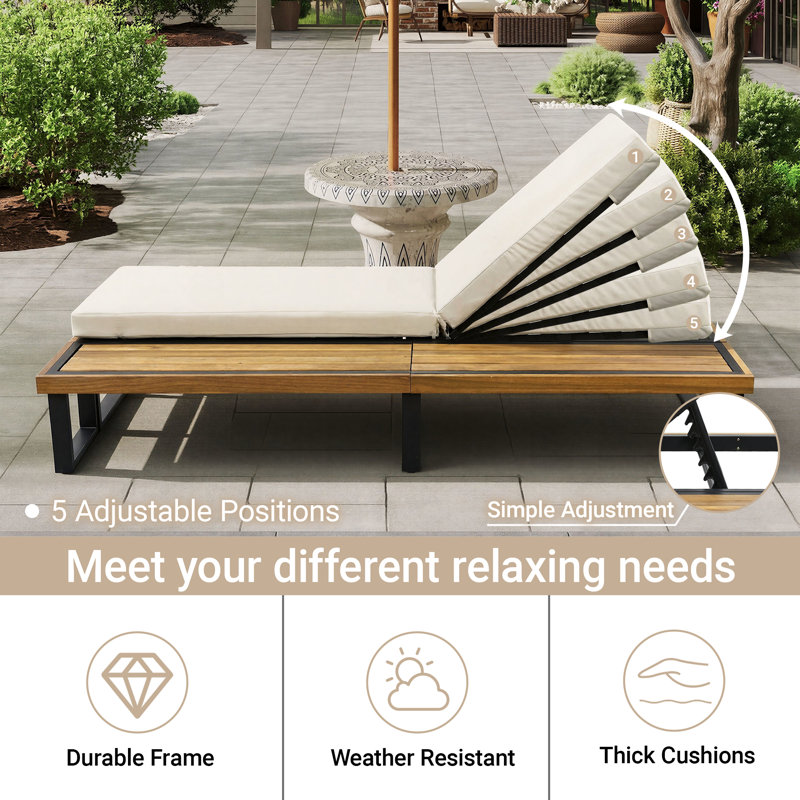 5-Position Adjustable Outdoor Chaise Lounge with Side Table & Cushion, Patio Poolside Recliner, Beige