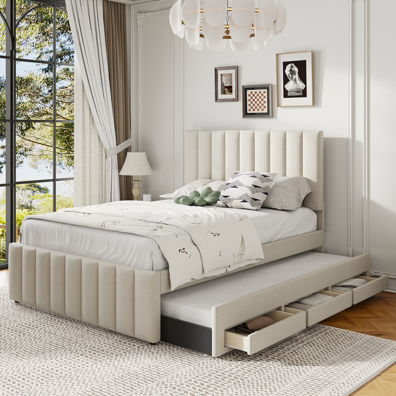 Lit plateforme tapissier avec lit gigogne et 3 tiroirs Eamon, Beige