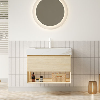 Meuble-lavabo flottant 30 po avec comptoir en pierre et lumière à capteur, pré-assemblé