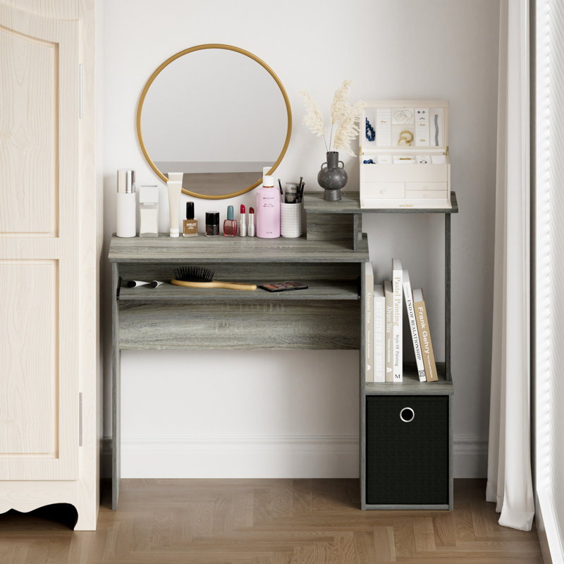 Bureau d'ordinateur compact avec plateau à clavier et tablette latérale pour bureau à domicile compact, chêne français gris
