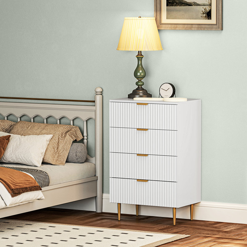 Commode 4 tiroirs pour commode de chambre à coucher Poignées et pieds dorés, Blanc