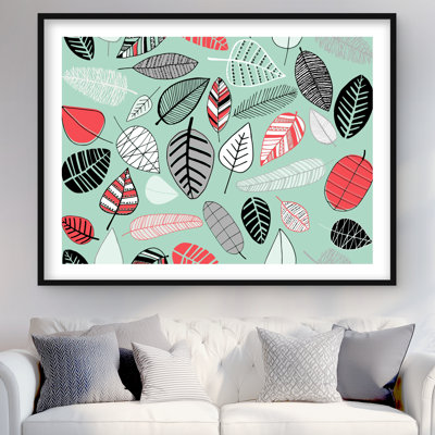 Motifs de feuilles turquoise - Reproduction matte encadrée pour la décoration intérieure
