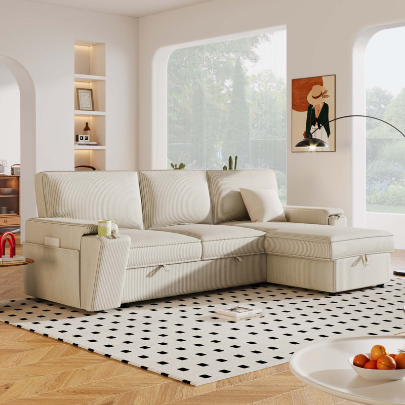 Canapé-lit modulaire Upholstery avec sacs de rangement et 2 porte-gobelets sur les accoudoirs, Beige