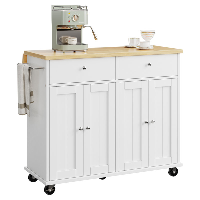 Rolling Kitchen Island Cart with Butcher Block Top, Storage Shelves and Locking Wheels, White