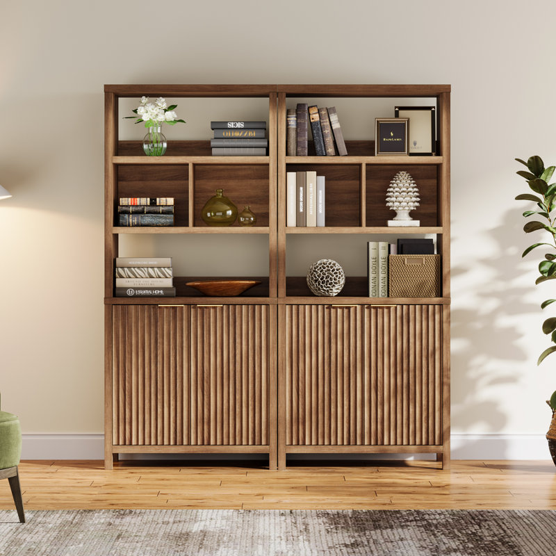 71" Tall Book Shelf With Cabinet 5 Tier Fluted Bookcase With Doors, Individual