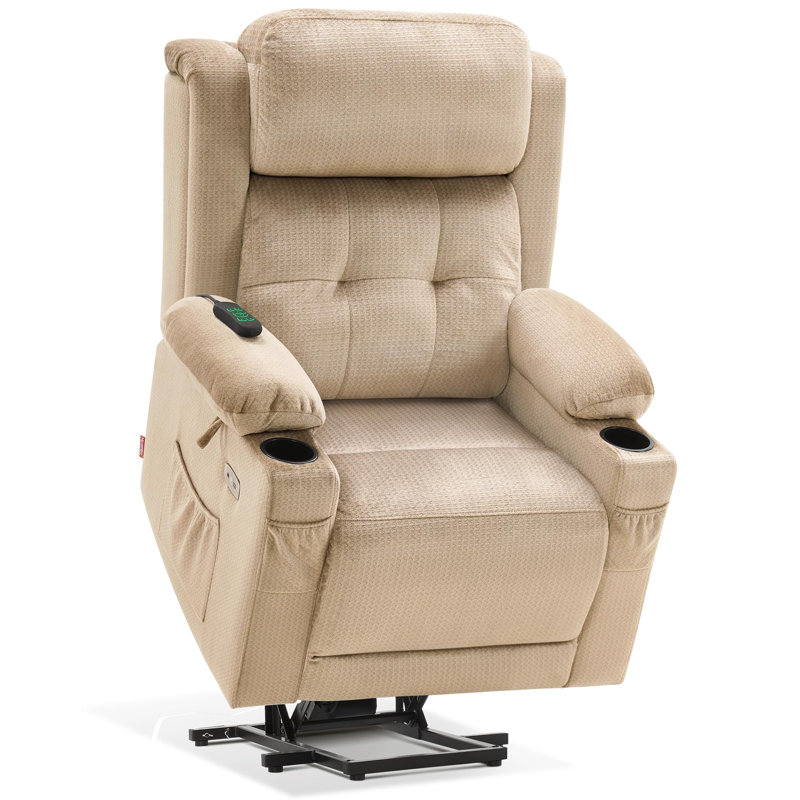 Large Dual Motor Lay Flat Power Recliner Lift Chair With Massage, Heat and Power Headrest, Fabric, Beige Fabric