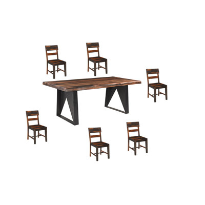 Ensemble de salle à manger six pièces en bois massif brun et noir, comprenant quatre chaises et un banc.