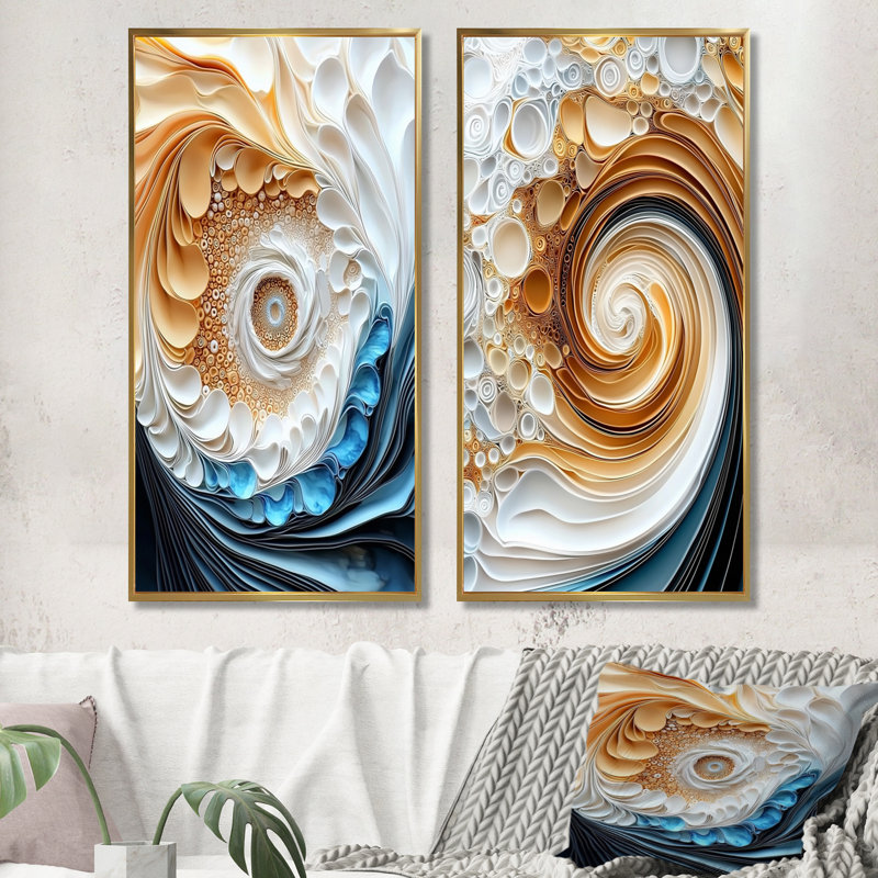 Décoration murale 2 pièces bleu et blanc, H 32 po x l 32 po, Cadre flottant doré