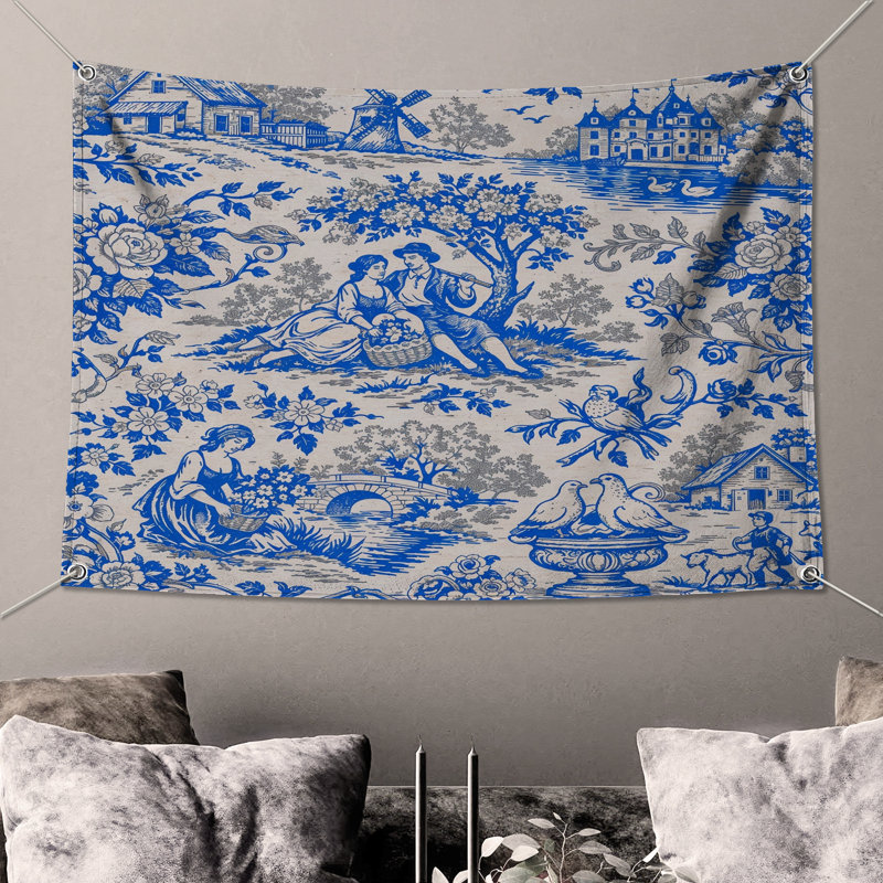 Tapisserie murale Blue Toile, 104in H x88 with 4 Grommets